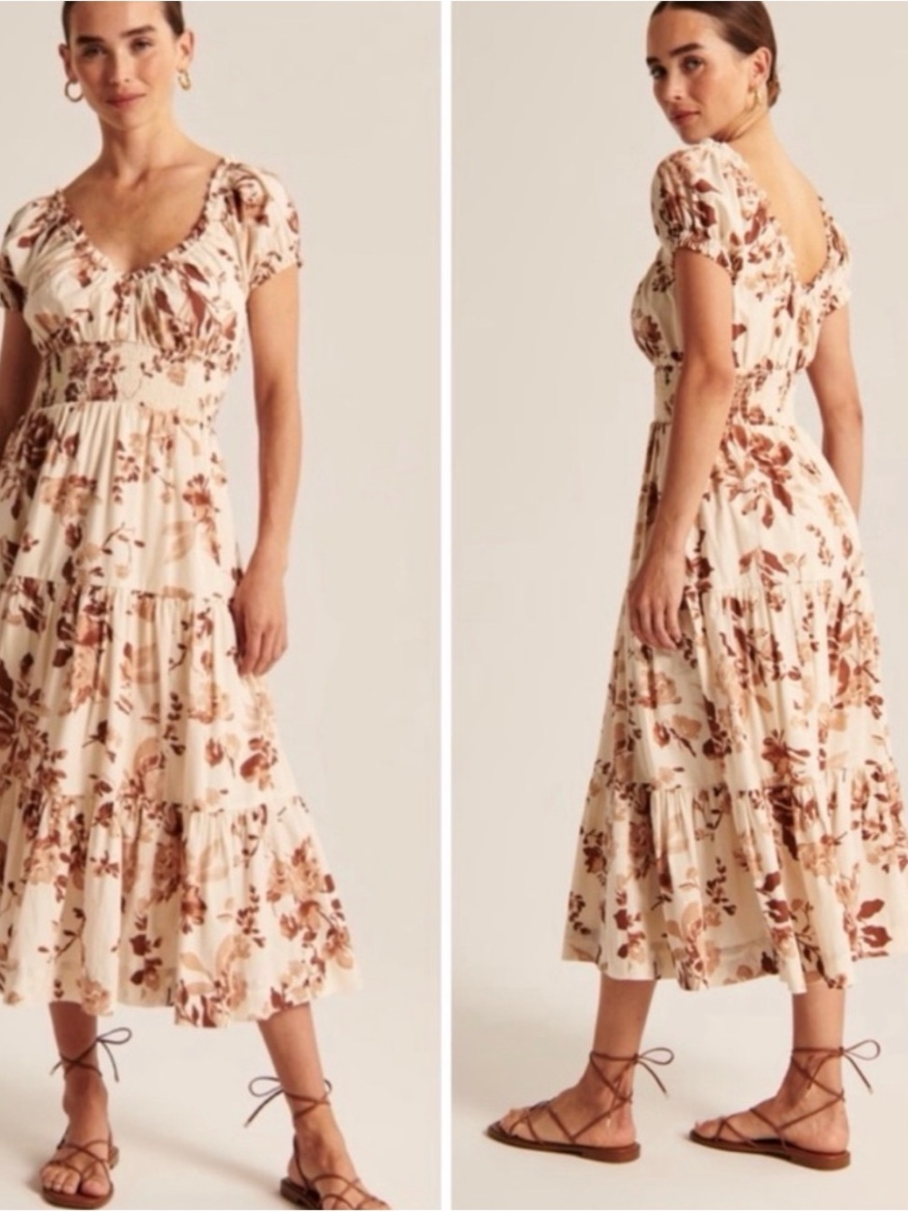 Abercrombie & Fitch Cream Floral Midi Dress with Brown Print